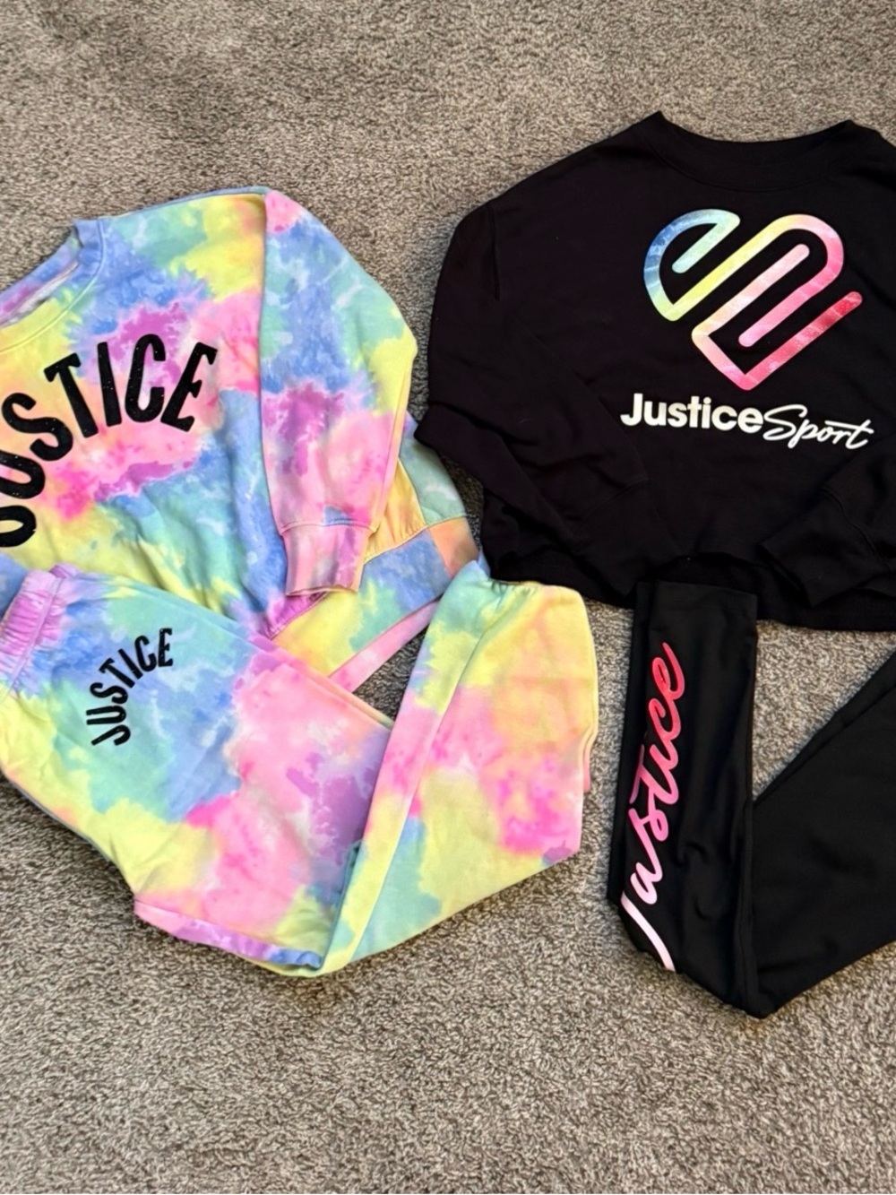 Justice Girl’s Sz 10/12 Outfits Tie Dye Jogger Set & Black Sport Logo Set